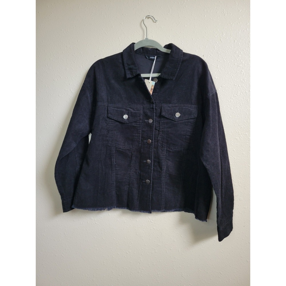 DOKOTOO Women's Black Corduroy Jacket Button Front Raw Hem Pockets Sz M